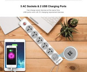 Huntkey universal Power strip  { 5 sockets / 2 Charging USB Ports ( 5 volts  2.4 Ampere ) / 3 meters cable length / Surge Protection / Child-protective shutters / White color } SZN 607 - Image 4