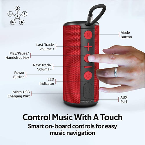 PROMATE BLUETOOTH V5.0 WATER RESISTANT 360 Degree Immersive Sound SPEAKER WITH AUX-IN RED (PYLON)