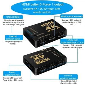 HDMI Switch 5 ports 4K SY-501 with remote - Black - Image 2