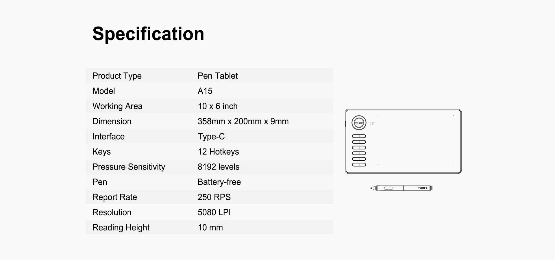 VEIKK Graphic Drawing Tablet A15 Pro (10 x 6) inch Digital Pen Tablet with Battery-Free Passive Stylus with 12 Hotkeys