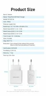 Vention Mobile Phone Charger 3 USB Port Charger Wall Charger EU Adapte - DC5307-W - Image 3