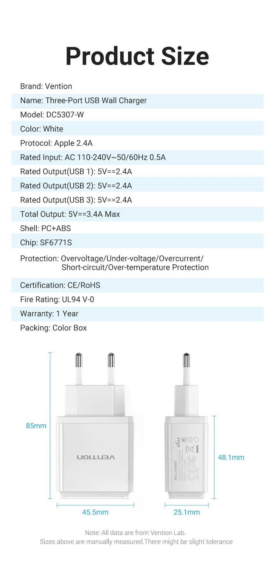 Vention Mobile Phone Charger 3 USB Port Charger Wall Charger EU Adapte - DC5307-W - Image 3