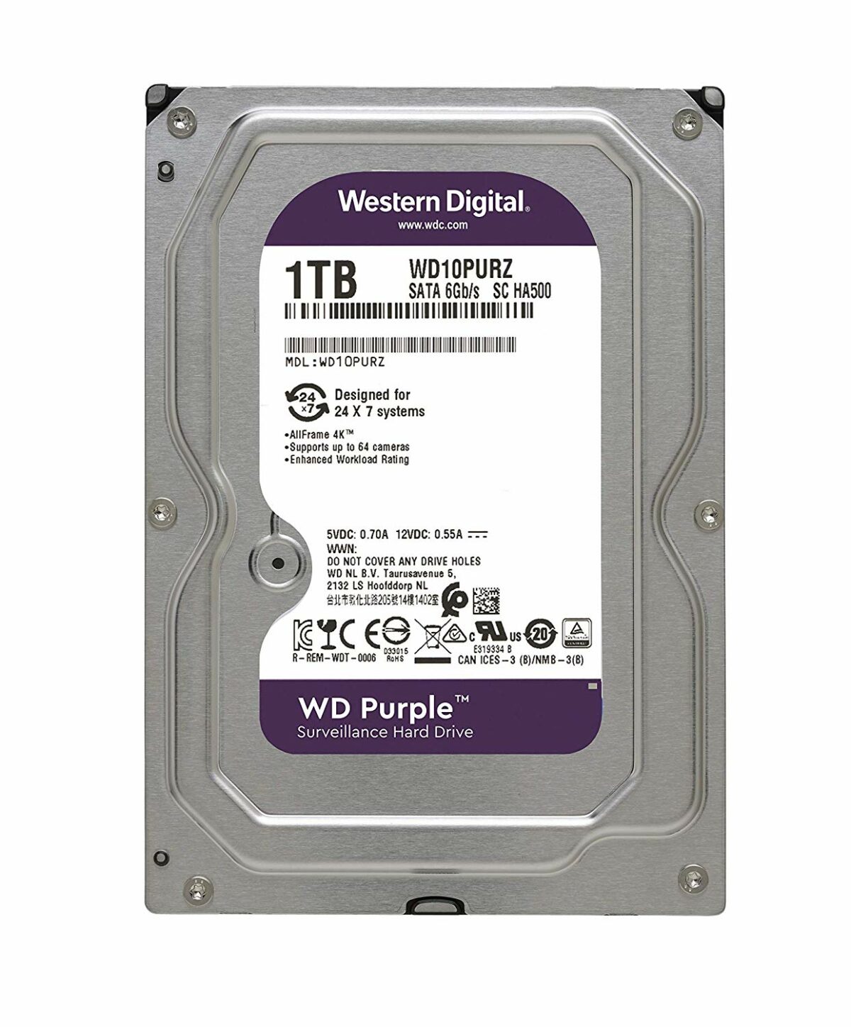 Western Digital Purple BY HIKVISION 1TB Surveillance Hard Drive  (5400 RPM Class // SATA 6 Gb/s // 64 MB Cache // 3.5″) [WD10PURZ]