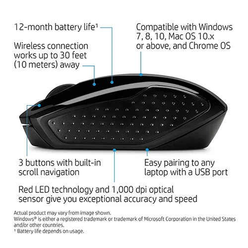 HP Wireless Mouse 200 { 1000 dbi / 2.4GHz wireless connection / black color } X6W31AA