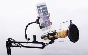 Professional Phone Microphone Stand Support with Angle Adjustment 360° Swivel Holder, Including: Mic Stand, Phone Mount and Pop Filter for iPhone, Samsung, and More (Black)