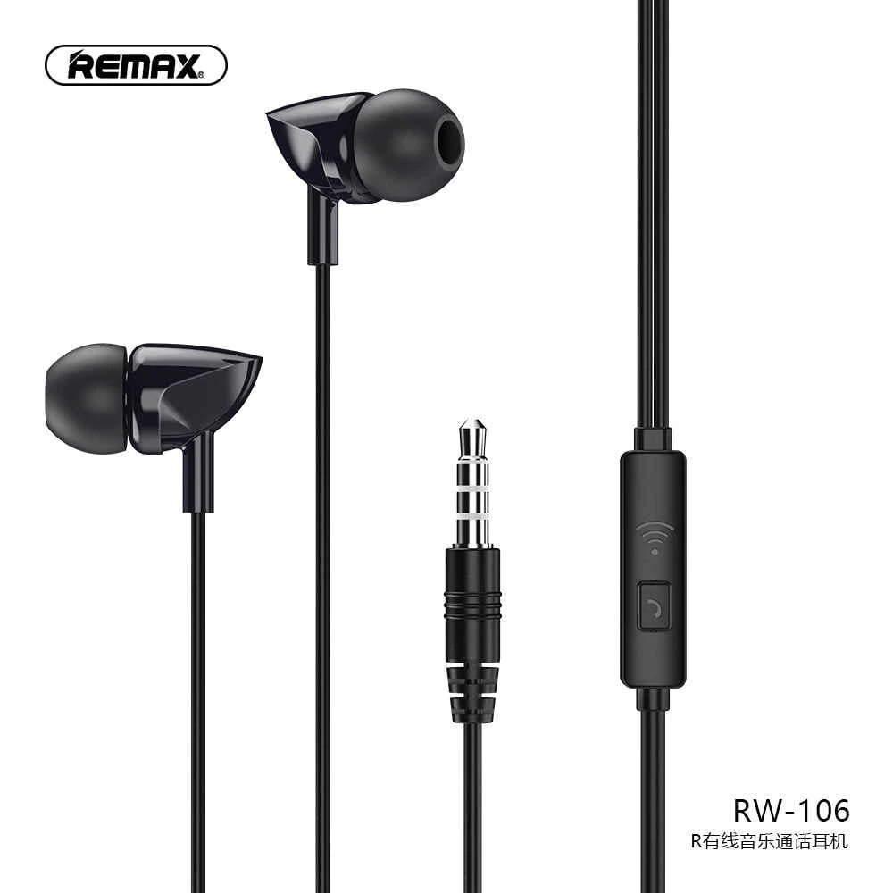 Remax RW-106 Music Earphone With HD Mic In-Ear 3.5mm Jack Wire Earphone Black For iPhone 6s 6 5s 5 Xiaomi Samsung Huawei Earbuds