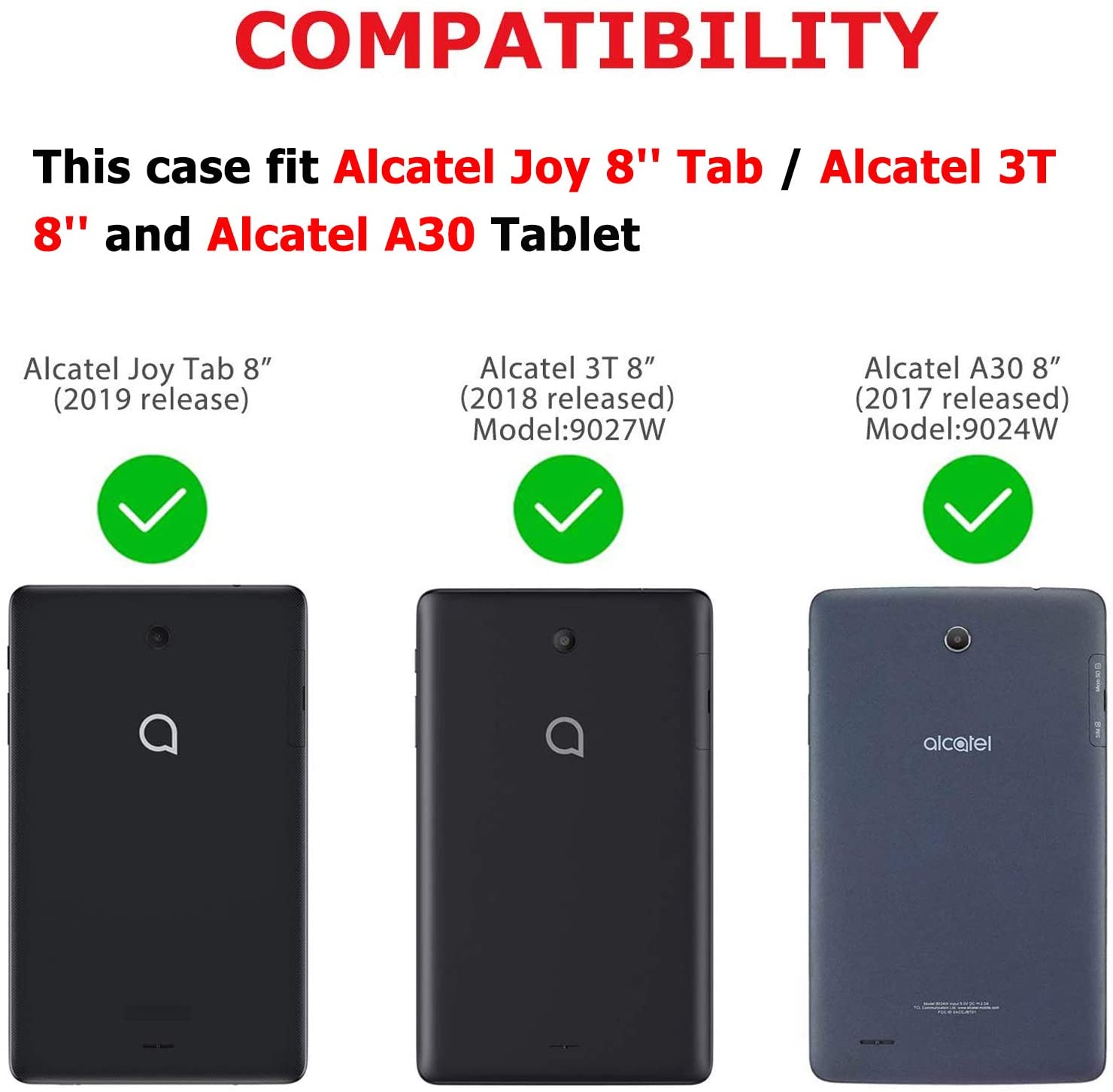 Case for Alcatel Joy Tab 8/ Alcatel 3T/ A30 8 Tablet - Light Weight Shock  Proof Convertible Handle Stand Kids Case for Alcatel Joy Tab 2019/ Alcatel  3T 2018/ Alcatel A30 2017 8''Tablet, Black - PC Circle