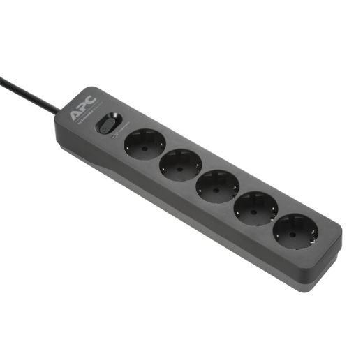 APC by Schneider Power Strip 1.5 meter cable length 5 sockets 2 USB ports 5v , 2.4 A total 2300 Watts Input Power Overload protection surge protection LED child proof shutter PME5U2B GR 