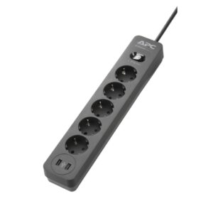 APC by Schneider Power Strip { 1.5 meter cable length / 5 sockets / 2 USB ports ( 5v , 2.4 A  total ) / 2300 Watts Input Power / Overload protection / surge protection LED / child - proof shutter } PME5U2B-GR