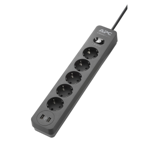 APC by Schneider Power Strip 1.5 meter cable length 5 sockets 2 USB ports 5v , 2.4 A total 2300 Watts Input Power Overload protection surge protection LED child proof shutter PME5U2B GR 