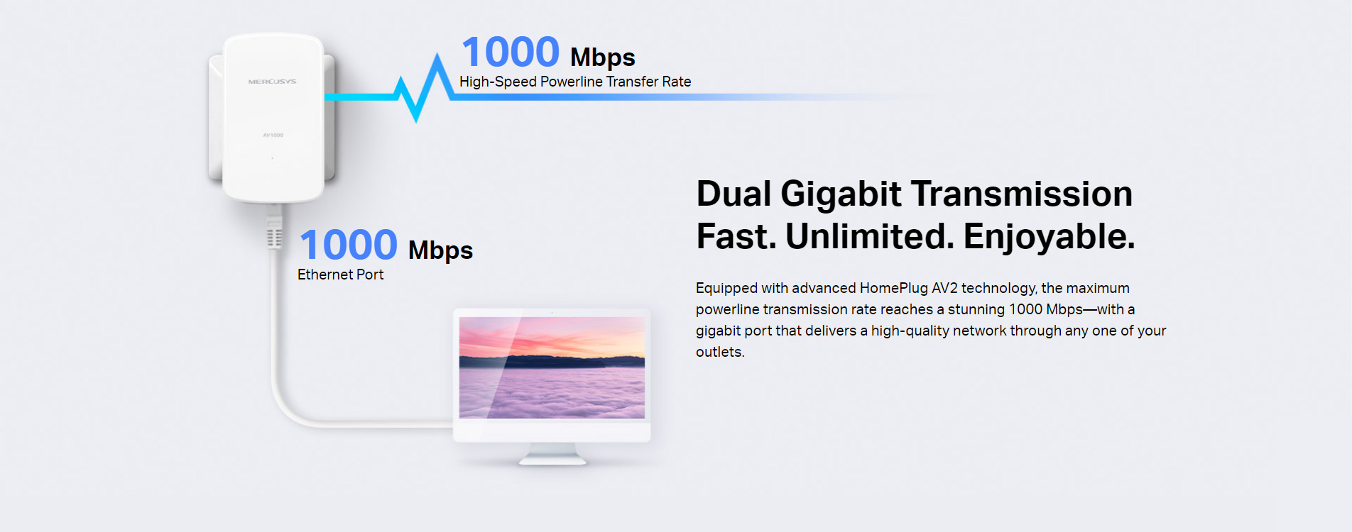 Mercusys MP500 KIT AV1000 Gigabit Powerline Starter Kit { 1000 Mbps High-Speed Transfer Rate // Super-Fast Wired Connection ( gigabit port ) // Plug & Play // Easy Expansion // 4K Streaming } [ MP500 ]