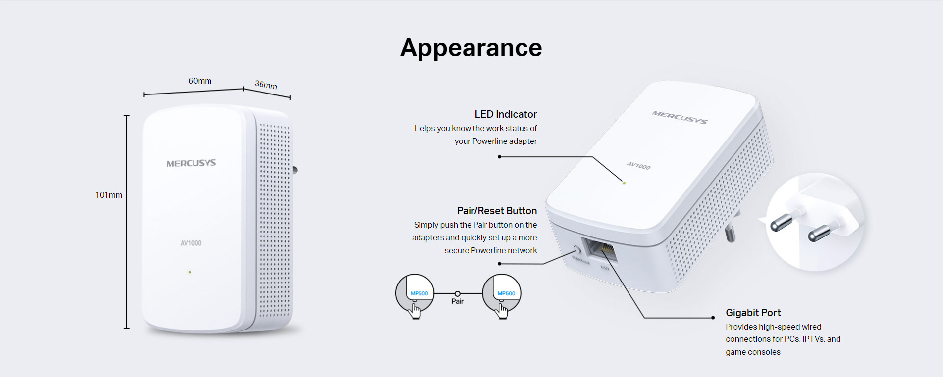 Mercusys MP500 KIT AV1000 Gigabit Powerline Starter Kit { 1000 Mbps High-Speed Transfer Rate // Super-Fast Wired Connection ( gigabit port ) // Plug & Play // Easy Expansion // 4K Streaming } [ MP500 ]