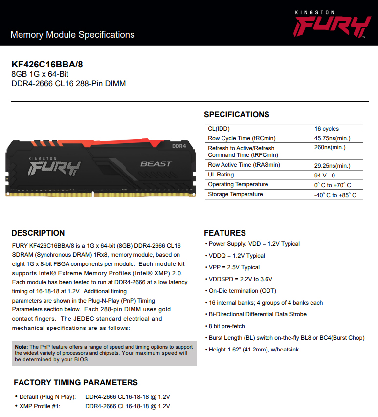 Kingston FURY Beast DDR4 RGB RAM 8GB Capacity 2666MHz speed RGB lighting Kingston FURY Infrared Sync Technology 2666MHz 16-18-18 1.2V Memory Profile KF426C16BBA/8 