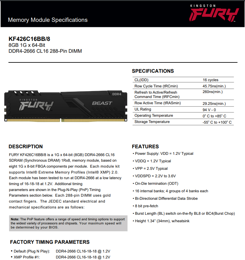 Kingston FURY Beast DDR4 Memory 8GB 2666MHz 16 cycles CL(IDD) Low-profile heat spreader design KF426C16BB/8 