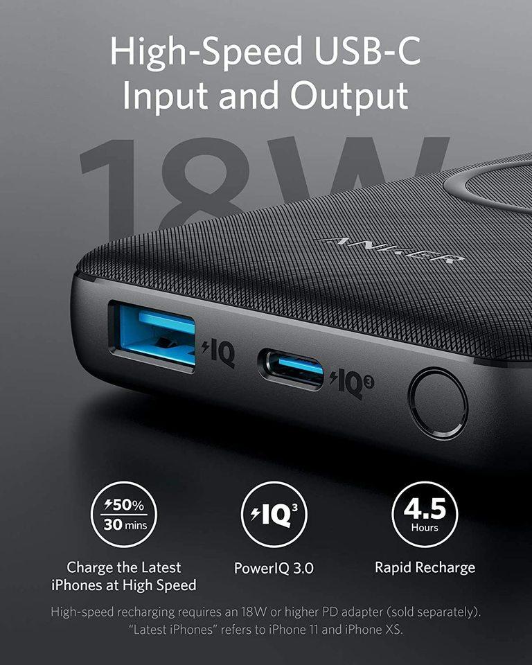 Anker - Power Core III Fast charging power bank qi wireless charging 10 W max 18 W USB C input and output port 18 W USB A Port Power IQ 3 premium texture pad A1617H11