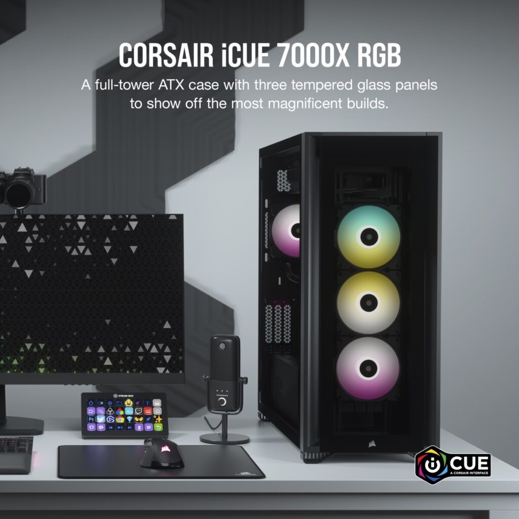 Corsair iCUE 7000X Full Tower Form Factor ATX case Three tempered glass panels black case color Four RGB fans included cc9011226ww