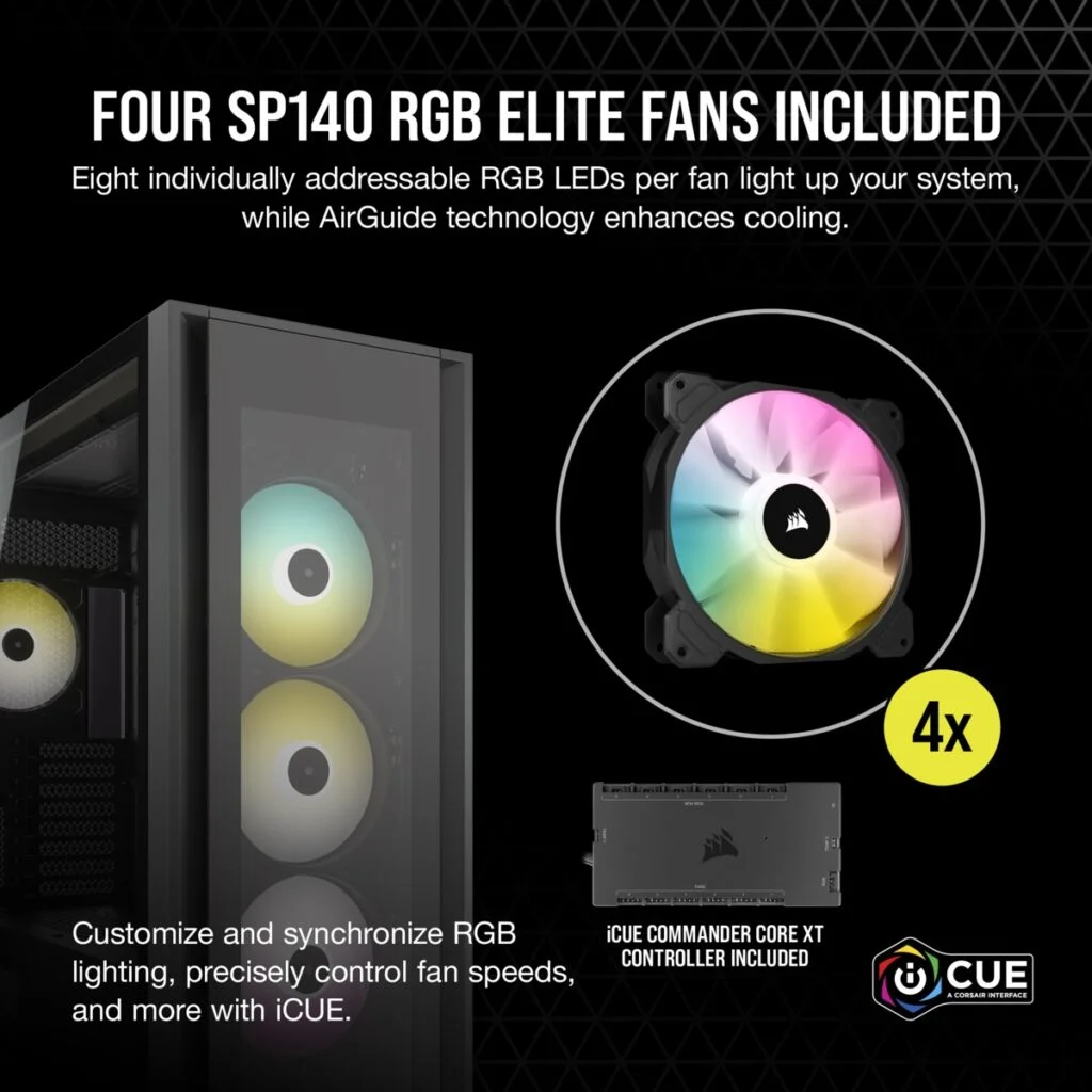 Corsair iCUE 7000X Full Tower Form Factor ATX case Three tempered glass panels black case color Four RGB fans included cc9011226ww