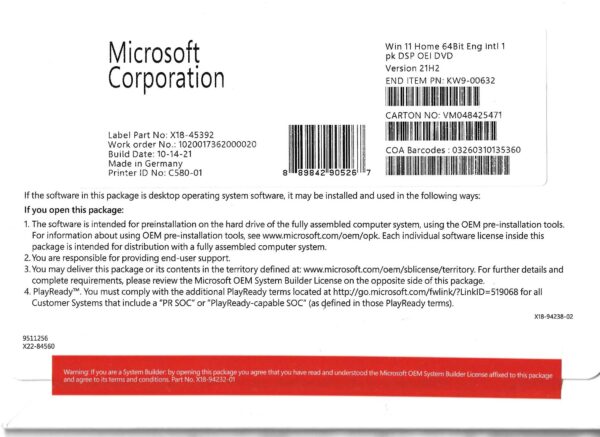 Microsoft Windows 11 Home 64Bit Eng DSP Version 21H2