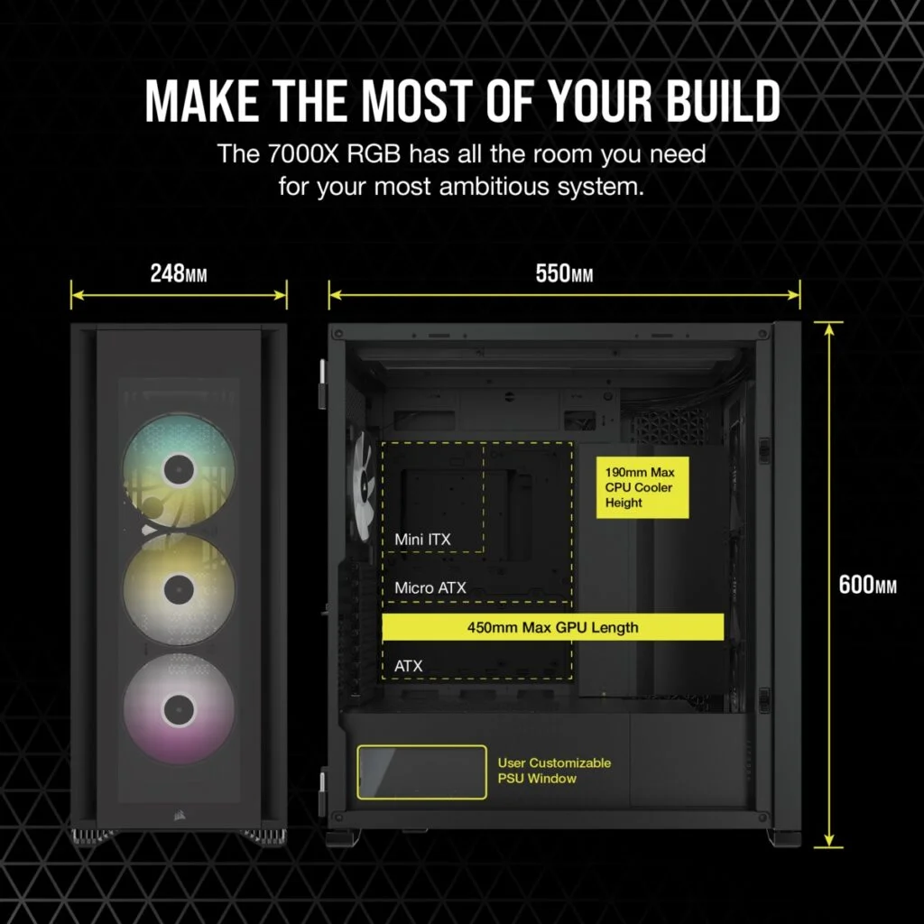 Corsair iCUE 7000X Full Tower Form Factor ATX case Three tempered glass panels black case color Four RGB fans included cc9011226ww