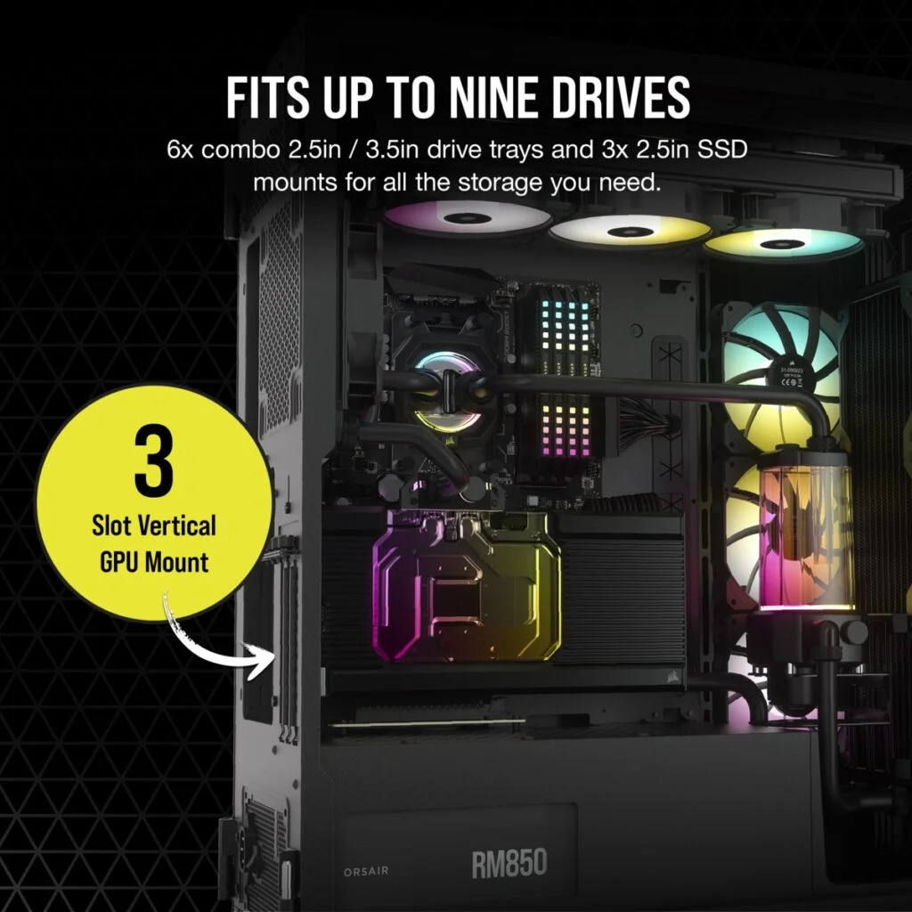Corsair iCUE 7000X Full Tower Form Factor ATX case Three tempered glass panels black case color Four RGB fans included cc9011226ww