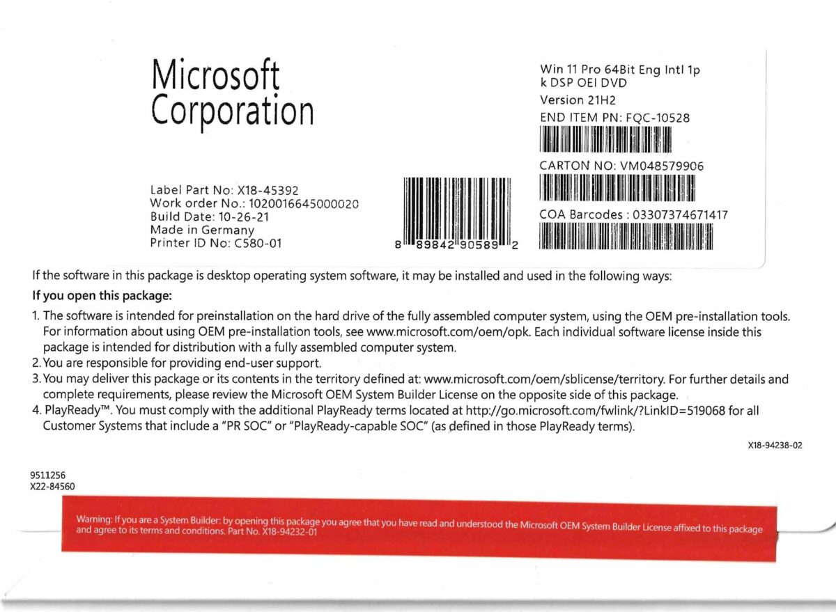 Microsoft Windows 11 Pro 64Bit Eng DSP Version 21H2