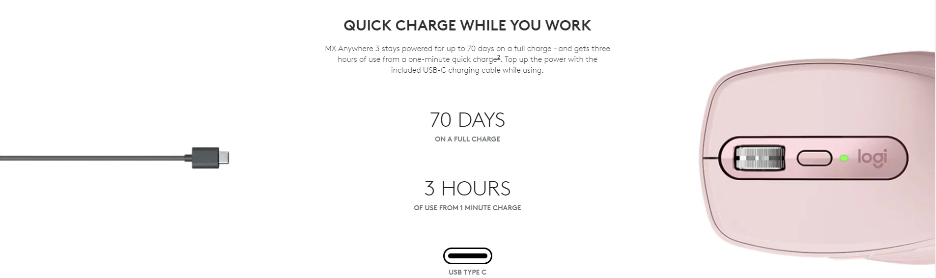 Logitech MX anywhere 3 wireless premium mouse Bluetooth & USB adapter Unifying Connectivity up to 70 days on a full charge up to 4000 dpi sensitivity tracks on most surfaces quick charge rose color 