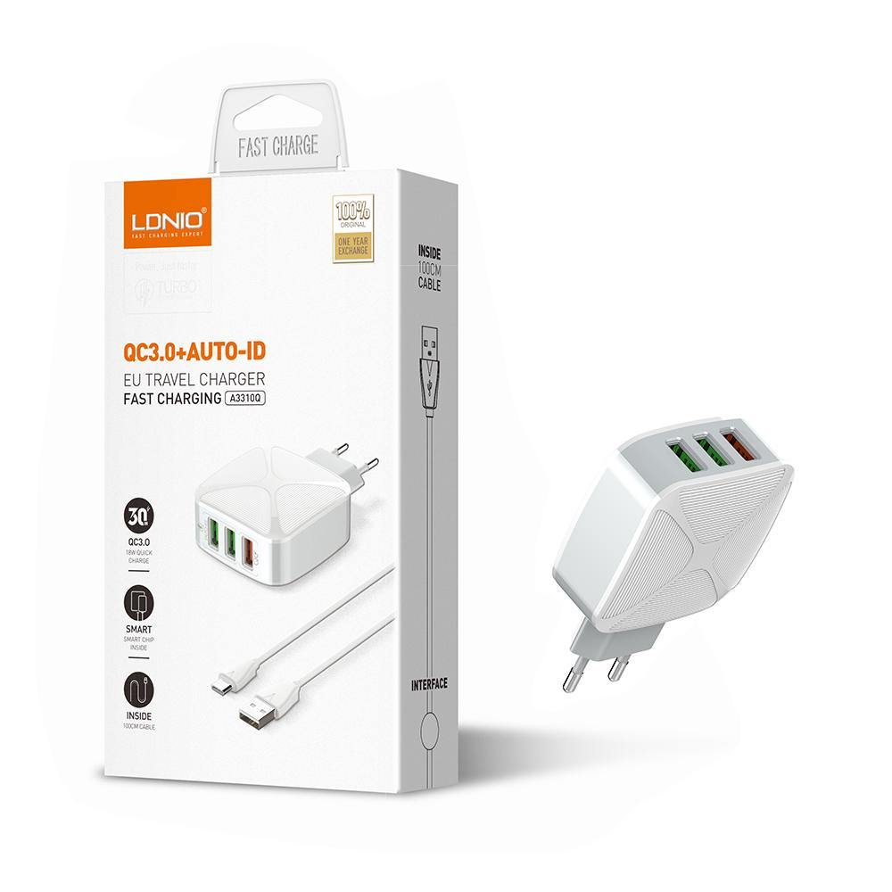 LDNIO fast travel charger and USB A to USB C cable 18W max USBA QC3.0 port 12W max two USB A ports one meter cable length A3310q
