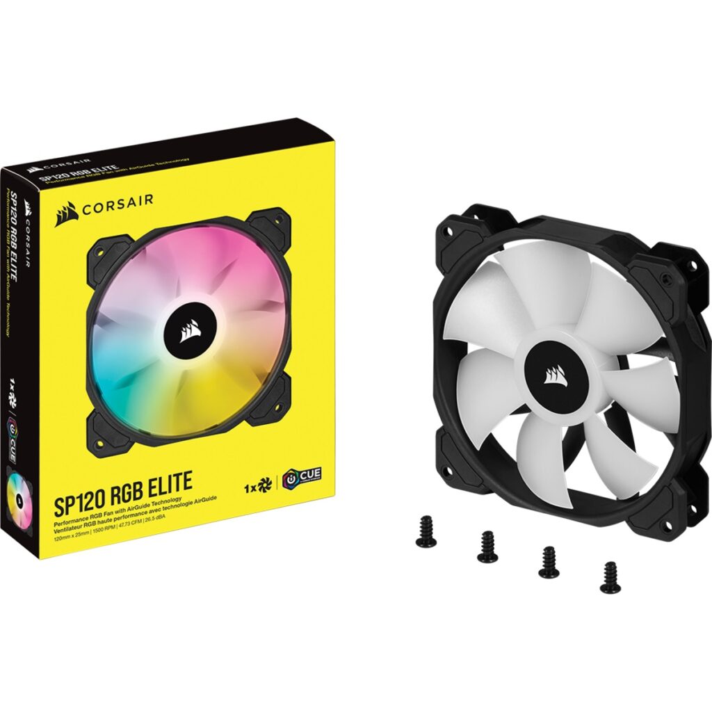 Cosrsair SP120 RGB ELITE 120mm PWM Fan up to 1,500 RPM 8 individually ARGB low noise 7 dBA Single Pack iCUE software CO9050108 WW