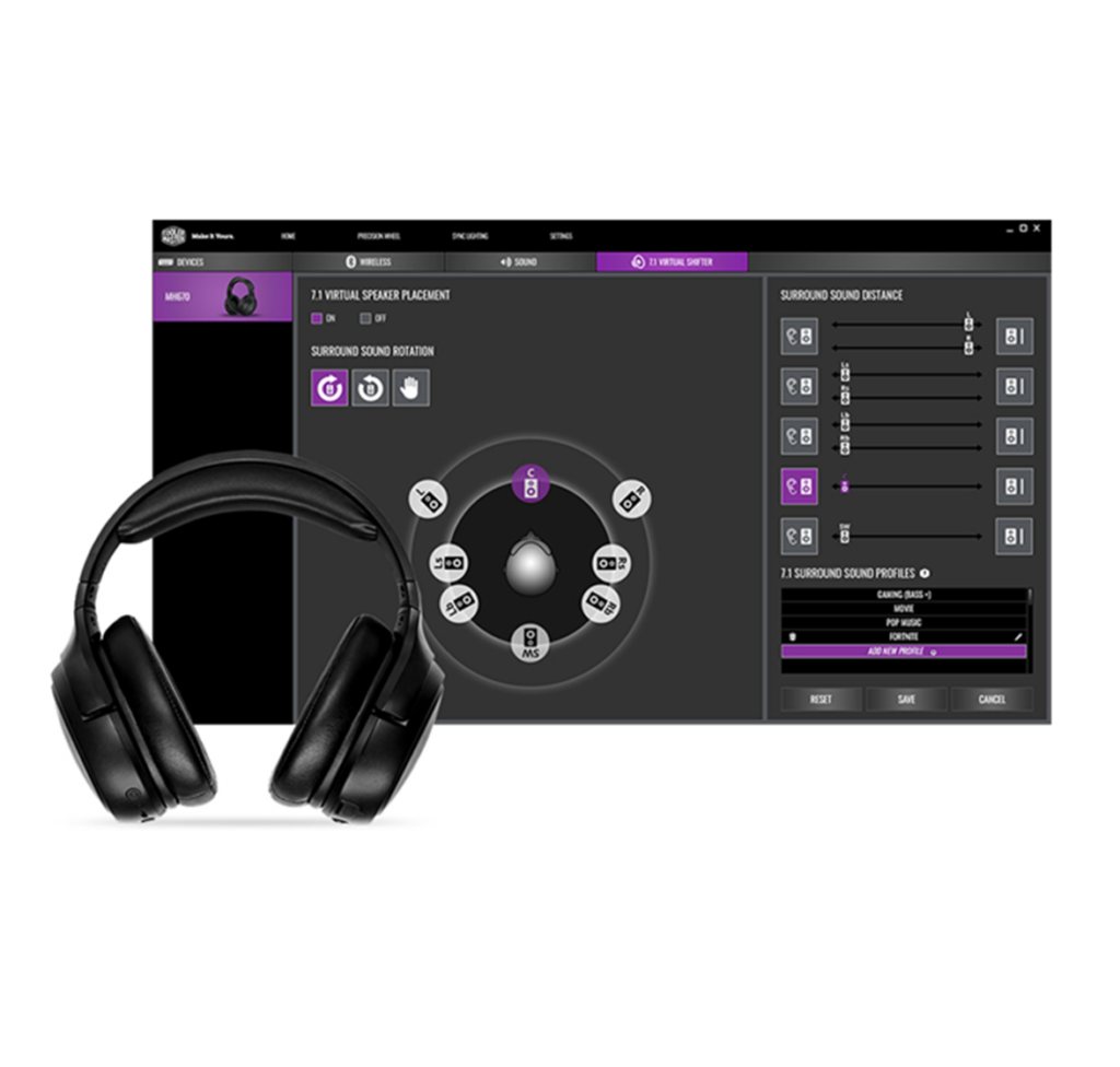 Cooler master MH670 wireless gaming headset 2.4 GHz wireless audio Multi-platform 50mm Neodymium drivers virtual 7.1 surround sound long lasting comfort detachable mic