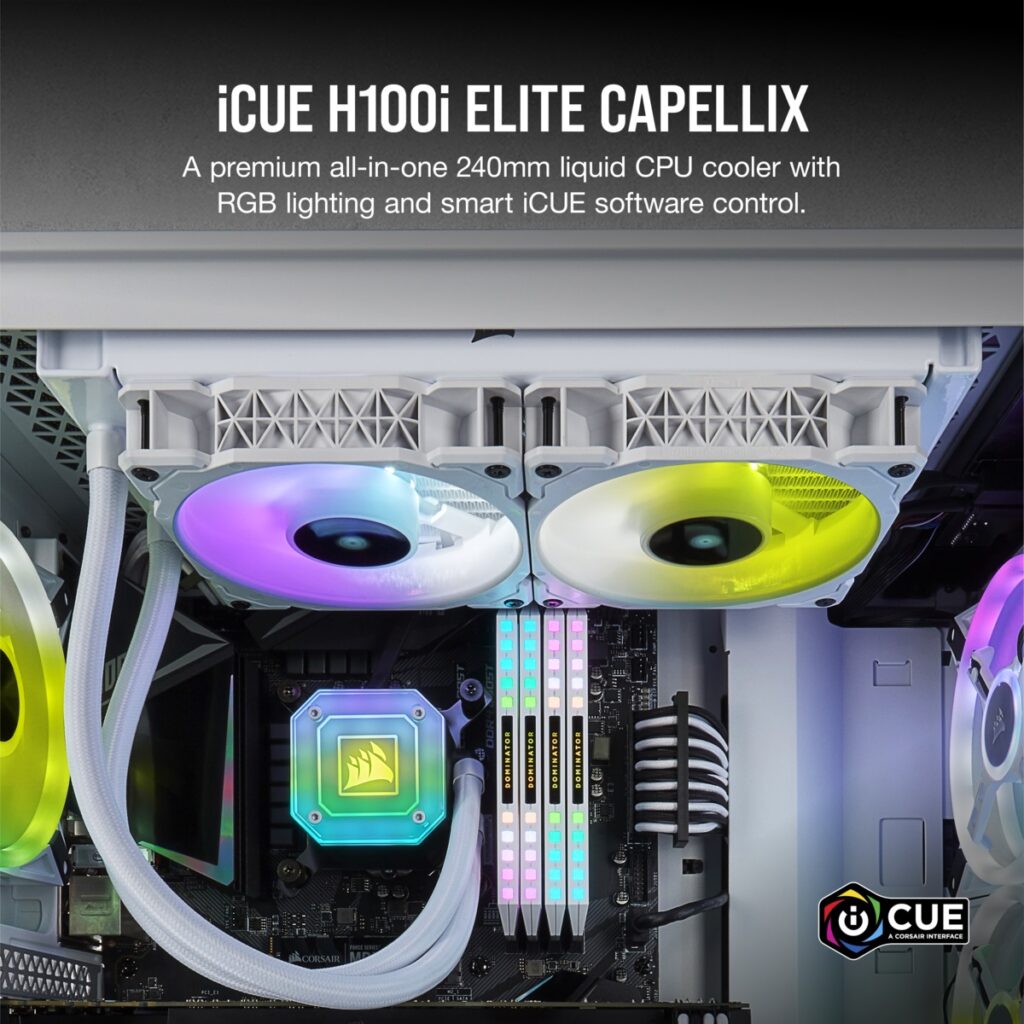Corsair - H100i ELITE white color CAPELLIX RGB Liquid CPU Cooler 240mm radiato ultrabright CAPELLIX RGB pump head Zero RPM mode CW-9060050-WW