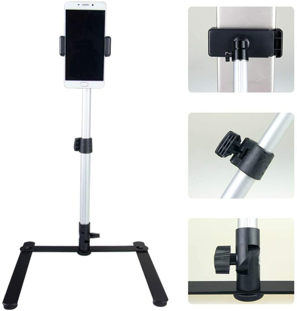 Adjustable Webcam Tripod with Cellphone Holder Adjustable Height and Angle steel base and aluminum alloy rods Foldable and lightweight 