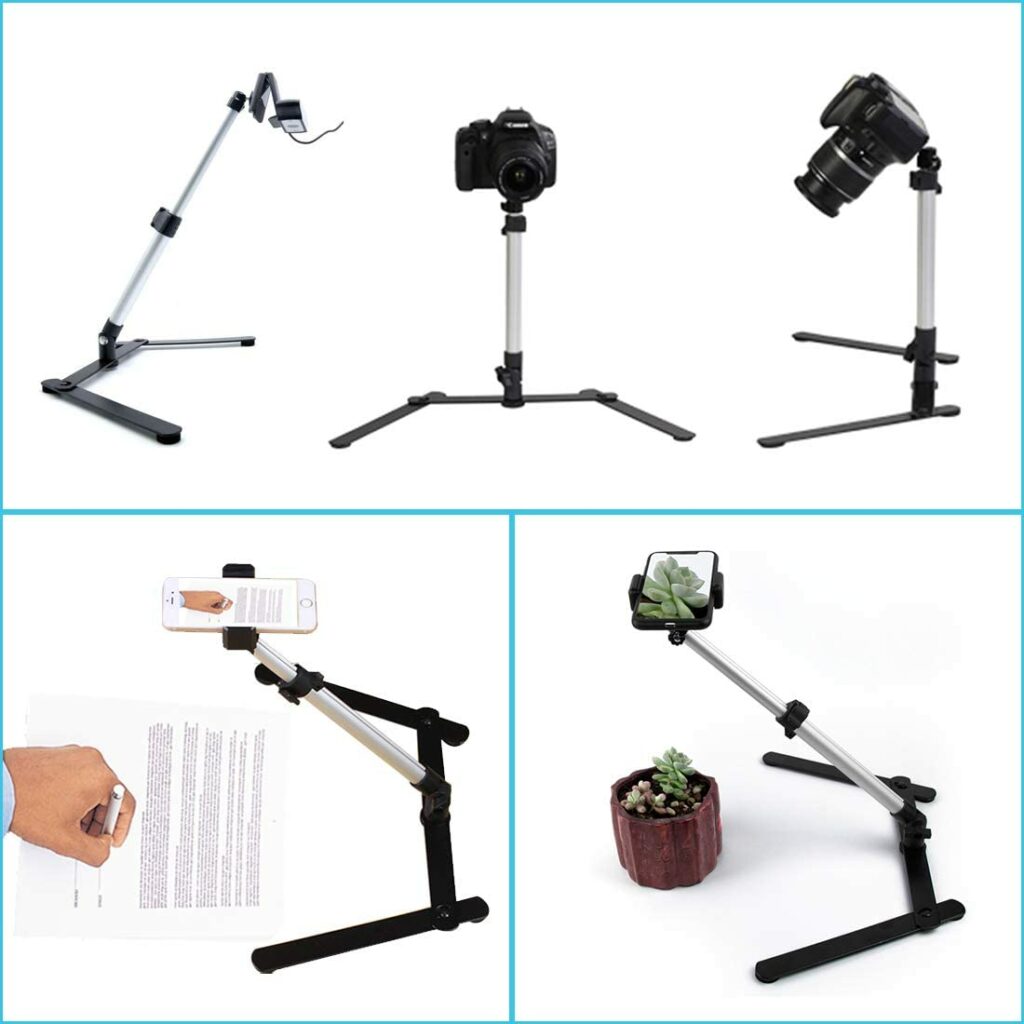 Adjustable Webcam Tripod with Cellphone Holder Adjustable Height and Angle steel base and aluminum alloy rods Foldable and lightweight 