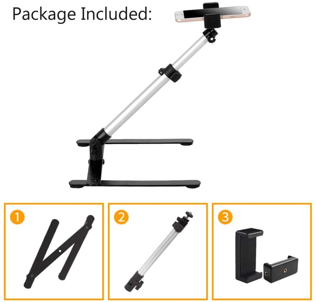 Adjustable Webcam Tripod with Cellphone Holder Adjustable Height and Angle steel base and aluminum alloy rods Foldable and lightweight 