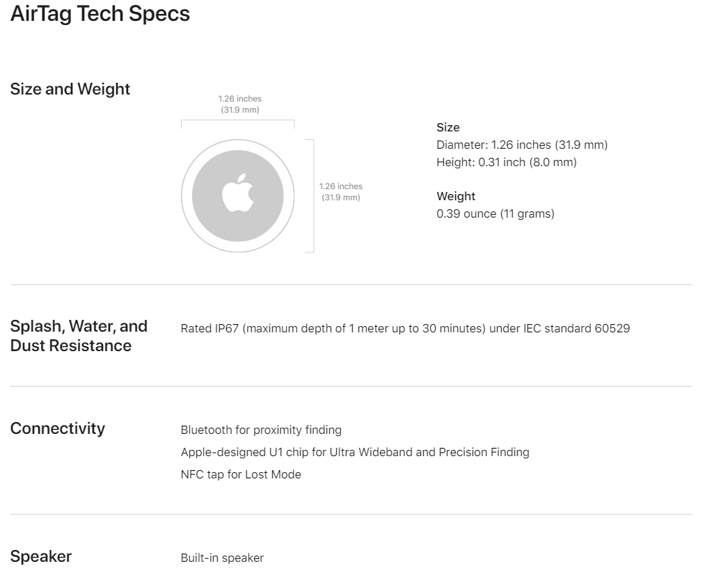 Apple AirTag 4 pack Water and Dust Resistance Built-in speaker A2187