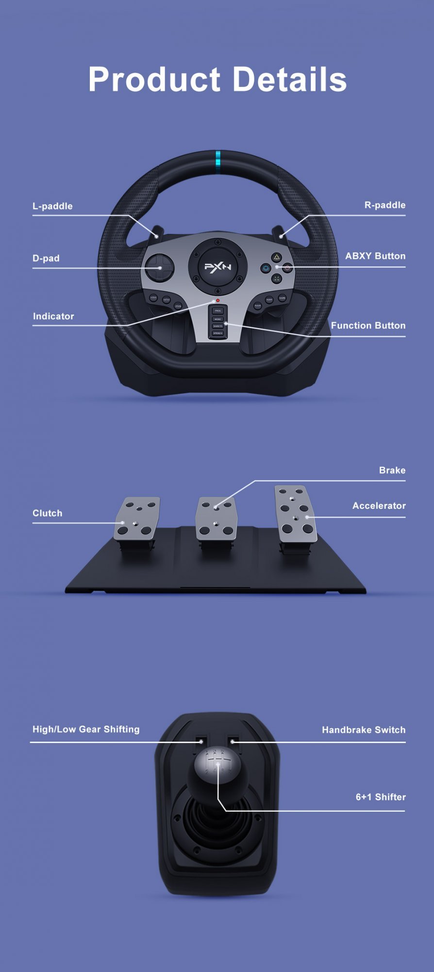 PXN 270/ 900 Degree Vibration Gaming Steering Wheel [ PXN V9 ]