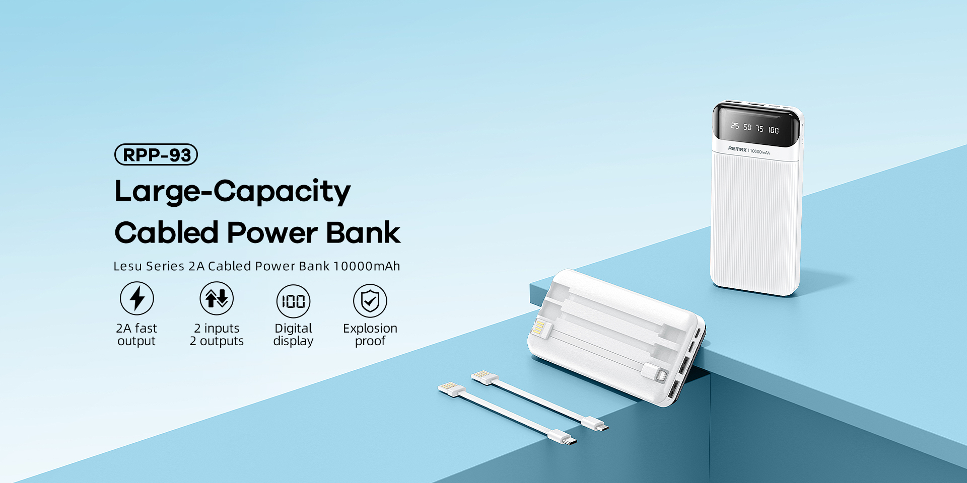 Remax Power Bank (10000 mAh / Detachable with MICRO / Lightning / Type-C Cable / 2A) [ RPP-93 ]