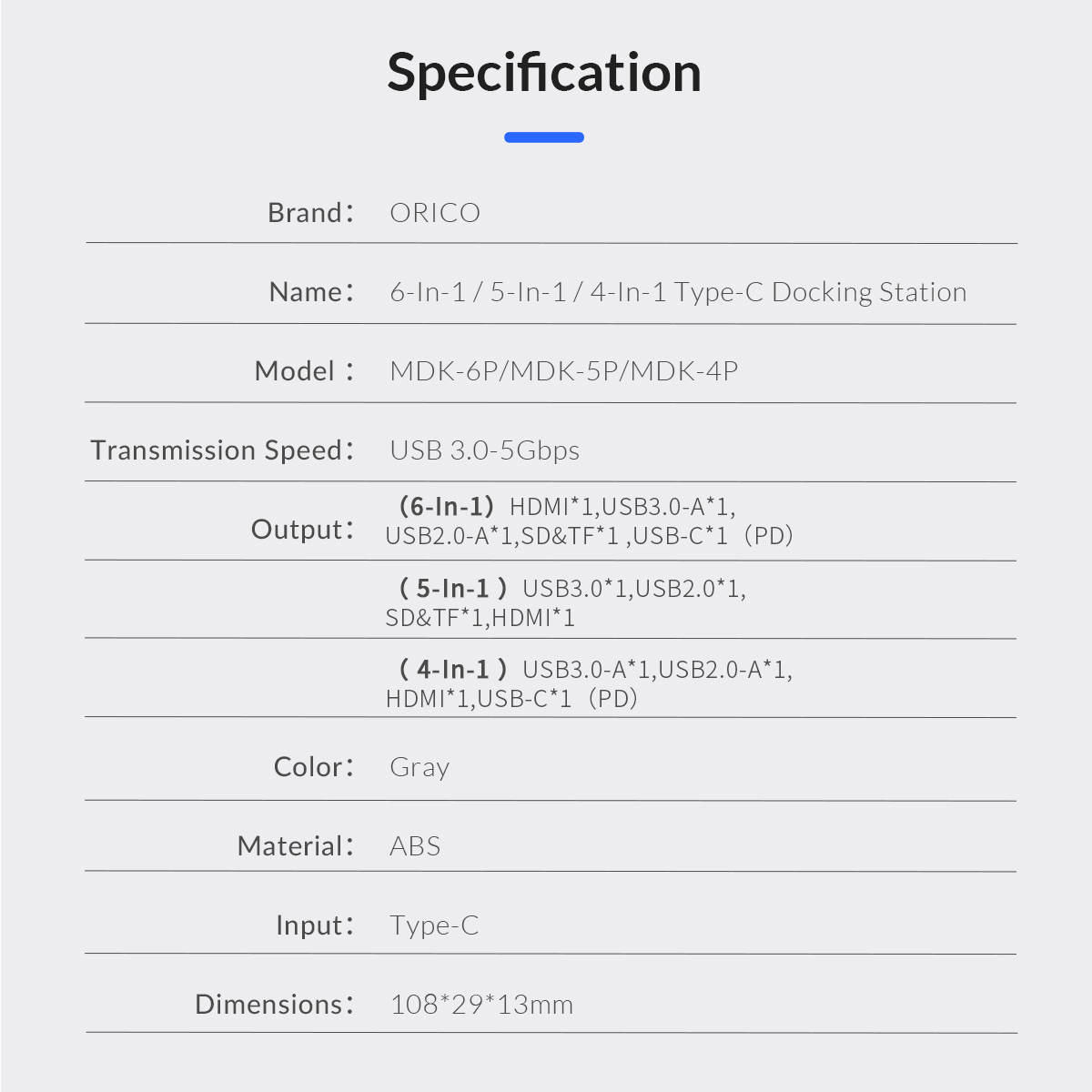ORICO Type-C Multifunctional 6-in-1 Type-C Docking Station ORICO-MDK-6P