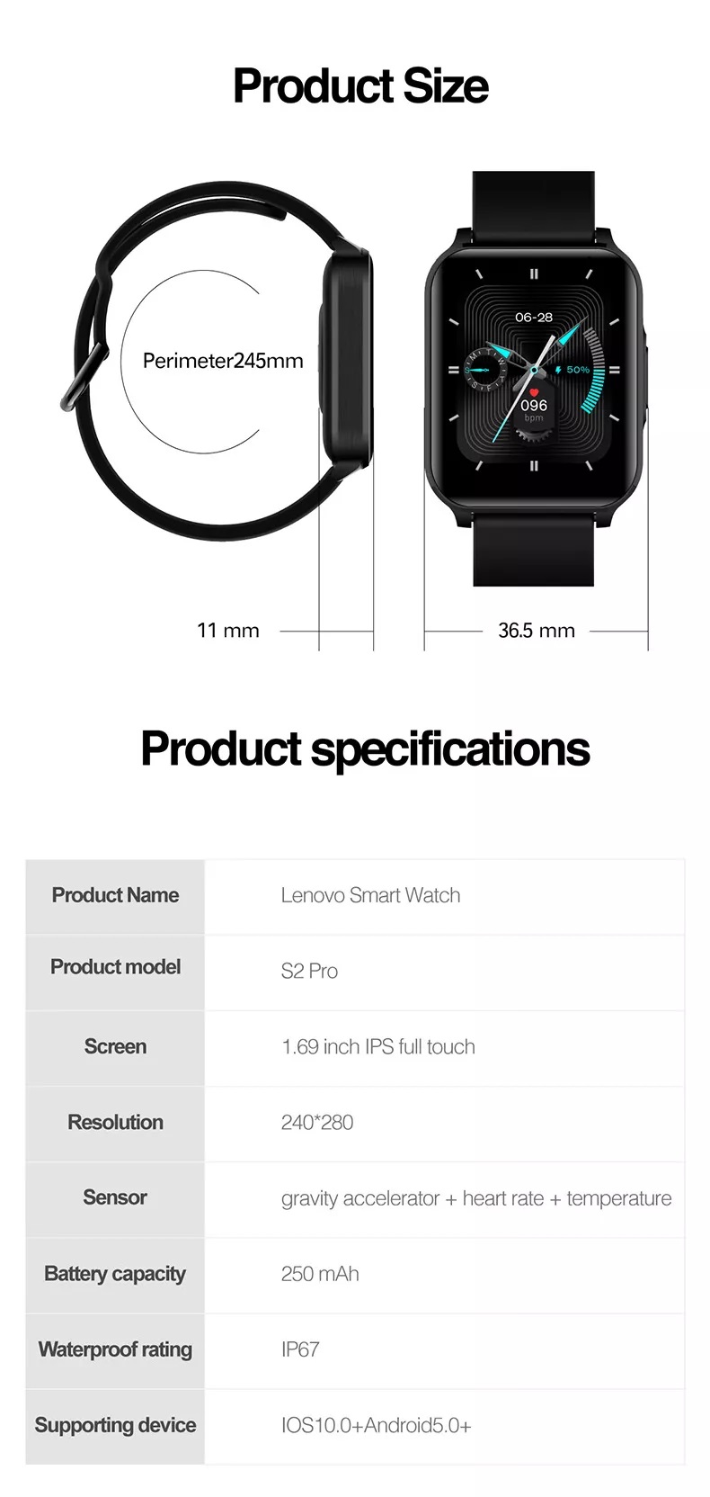 Lenovo S2 Pro Smart Watch - 1.69inch IPS screen - IP67 Waterproof - supports ISO10.0 + Android5.0 above - Pccircle - Amman Jordan