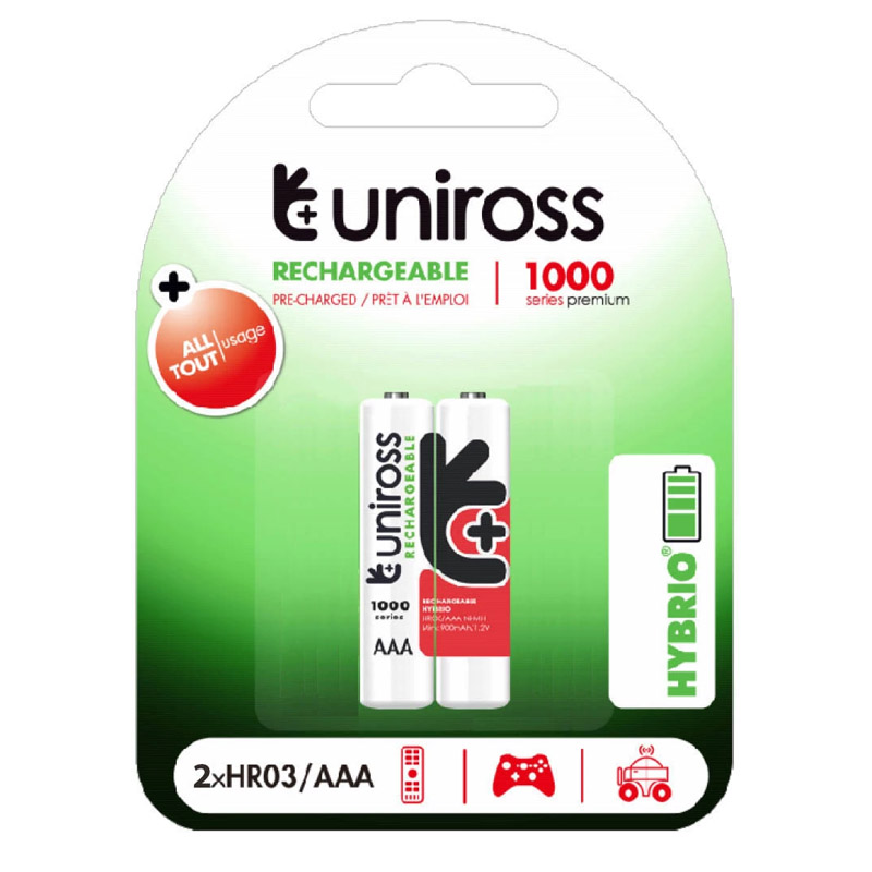 Uniross ( 900 mAH / 2x AAA ) NiMH Rechargeable Batteries [ 2xHR03/AAA ]