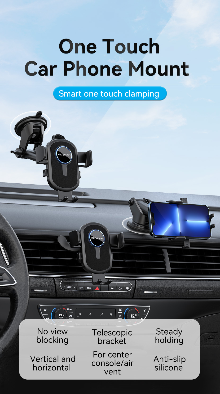 Vention One Touch Clamping Car Mount (Dashboard / Glass / Windshield Air Vent) for Smartphones [ KCVB0 ]