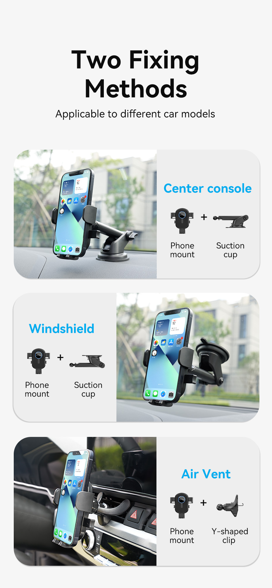Vention One Touch Clamping Car Mount (Dashboard / Glass / Windshield Air Vent) for Smartphones [ KCVB0 ]