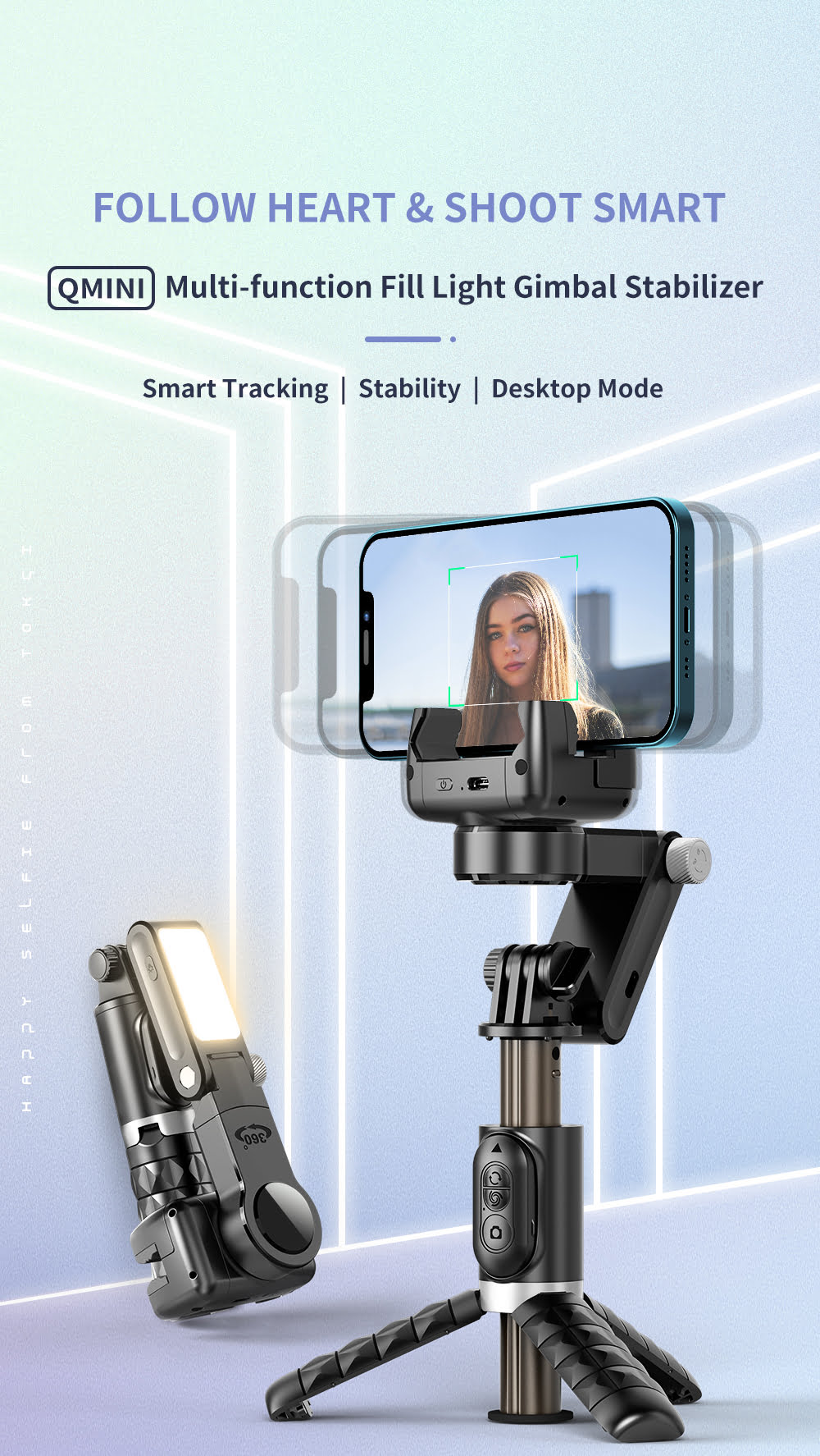 Stabilizer Selfie Stick 360 Tripod Foldable with Remote & Light [ Q18 ]