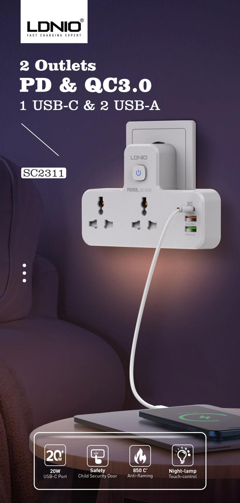 LDNIO 20W 3-Port USB Charger Extension Power Strip [ SC2311 ]