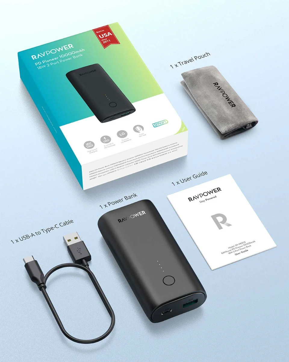 بنك طاقة RAVPower 10000 مللي أمبير في الساعة (20 وات / PD USB-C / QC USB-A) [ RP-PB205 ]