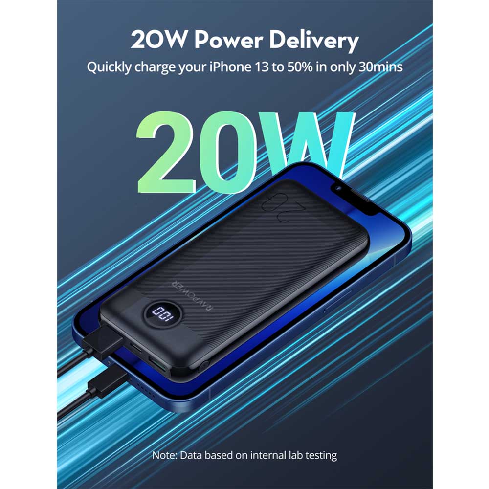 RAVPower 20000mAh (20W / PD USB-C / 2-Port USB-A) Power Bank [ RP-PB1205 ]