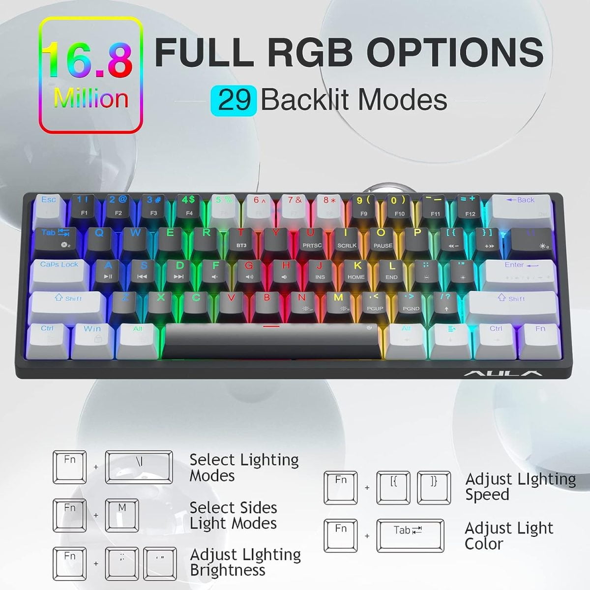 AULA RGB 60 Percent Gaming Wired Mechanical Keyboard with Blue Switches -Grey & Black - F3261 - Image 4