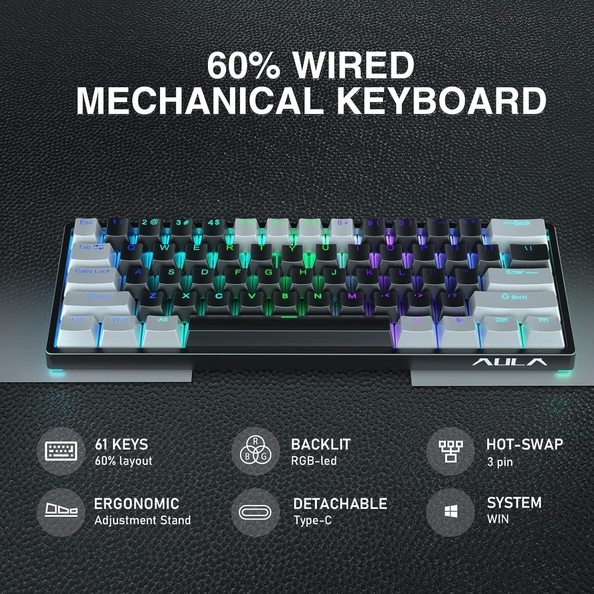AULA RGB 60 Percent Gaming Wired Mechanical Keyboard with Blue Switches -Grey & Black - F3261 - Image 2