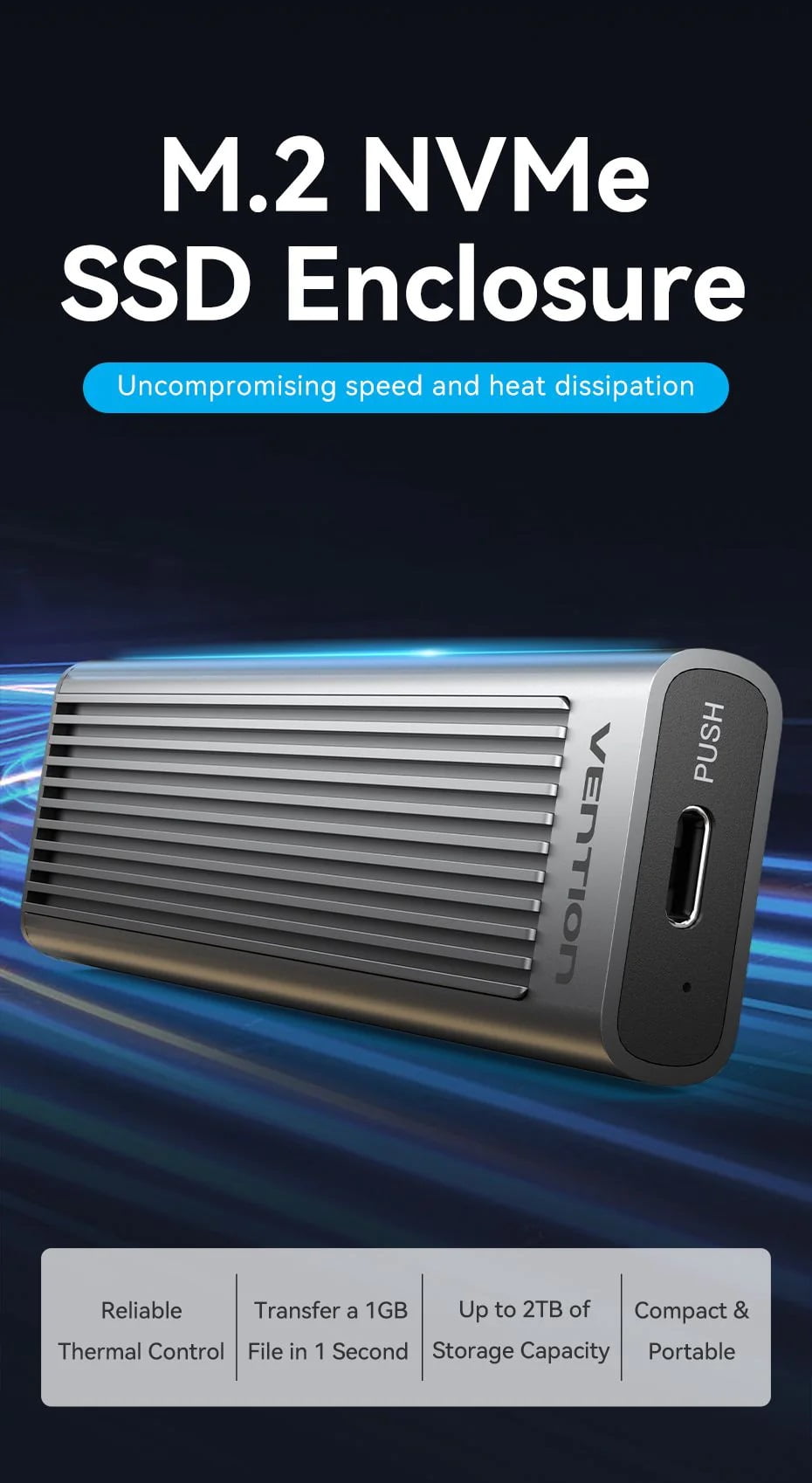 Vention M.2 NVMe SSD Enclosure  - KPKH0 - USB 3.1 Gen 2-C interface - Up to 10Gbps speed - Aluminum alloy and ABS shell