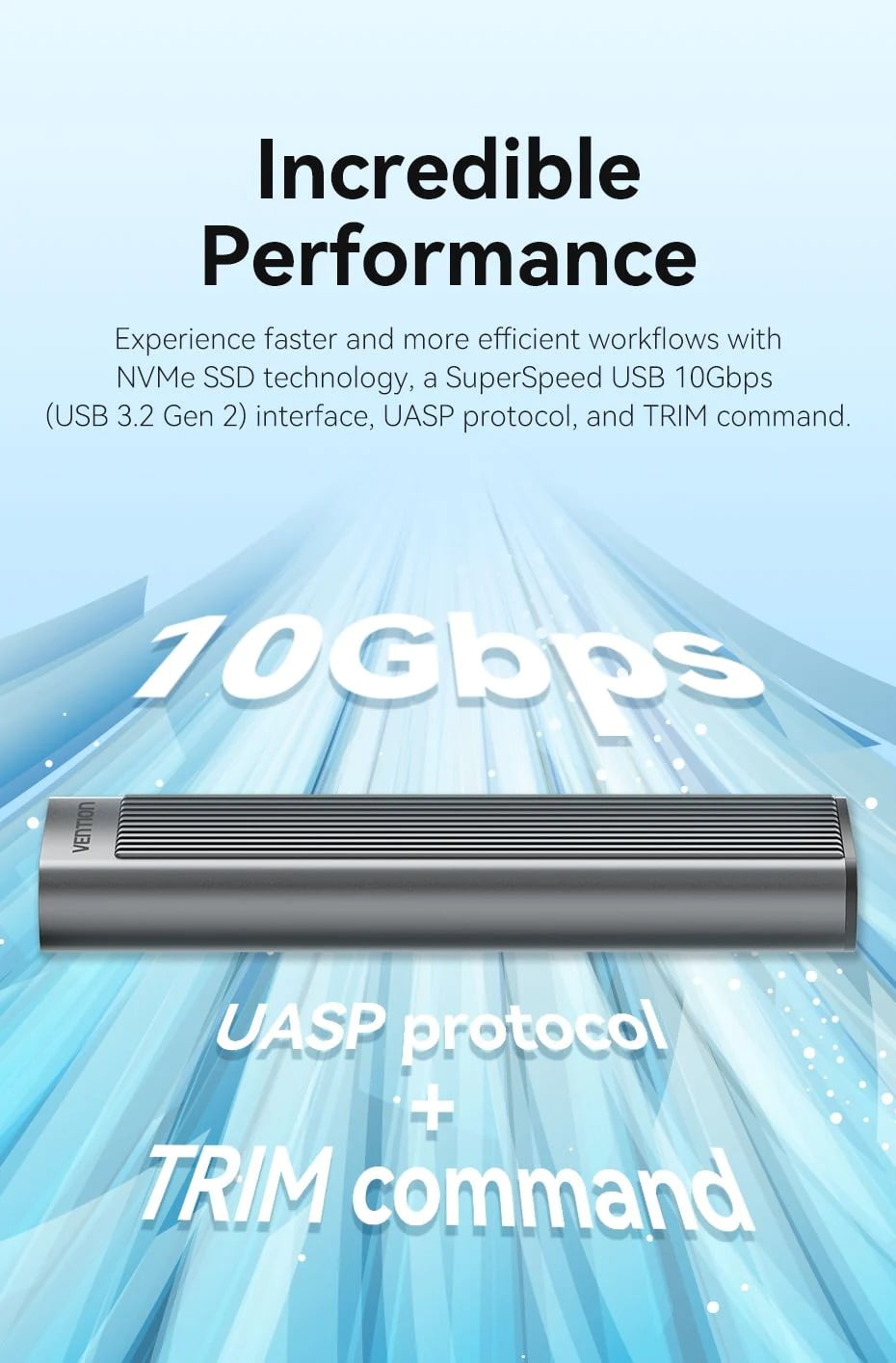 Vention M.2 NVMe SSD Enclosure  - KPKH0 - USB 3.1 Gen 2-C interface - Up to 10Gbps speed - Aluminum alloy and ABS shell