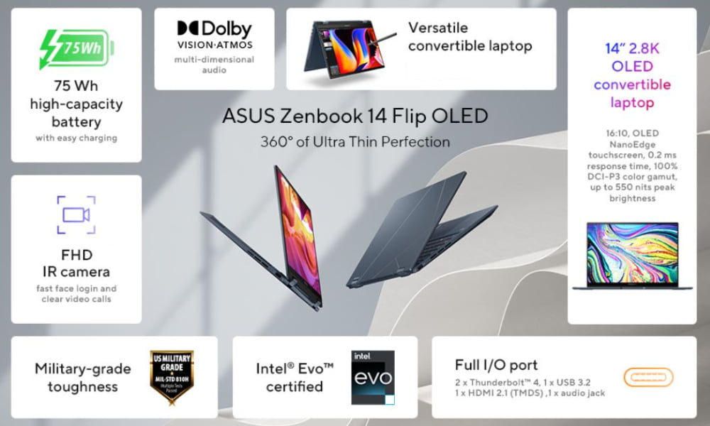 ASUS Zenbook OLED 2in1 laptop { 14.0" touch screen, 2.8K OLED display ,90Hz / Core i5-13 Gen EVO / 8GB LPDDR5 / 512GB SSD NVMe / Windows 11 Home } UP3404VA - OLED005W